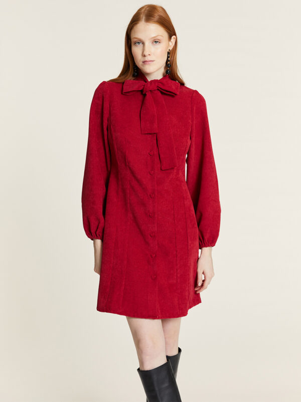 RED CORDUROY DRESS WITH BOW